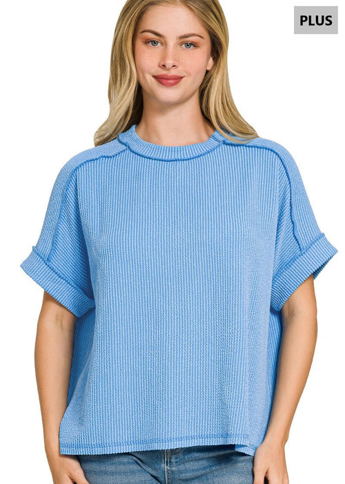 Sky Blue PLUS Raised Ribbed Cap Sleeve Top