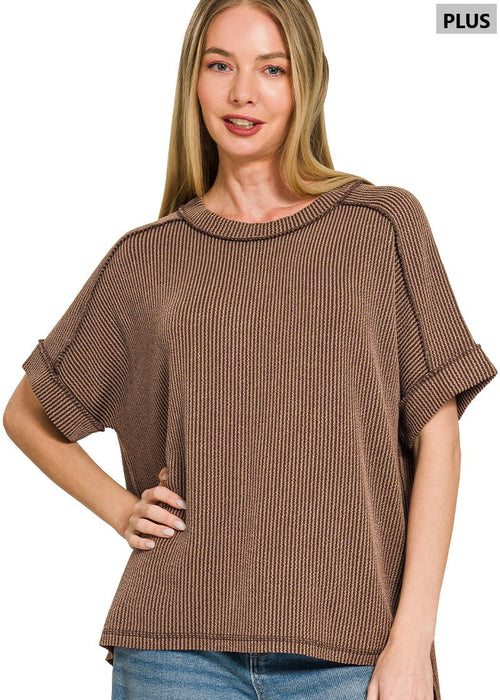 Chocolate PLUS Raised Rib Cuff Sleeve Raw Edge Top