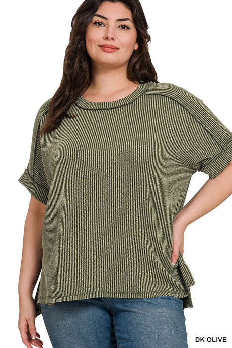 Dark Olive PLUS Raised Rib Cuff Sleeve Raw Edge Top