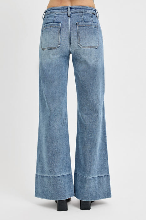 Tummy Control Mid Rise Ankle Wide Flare Jeans