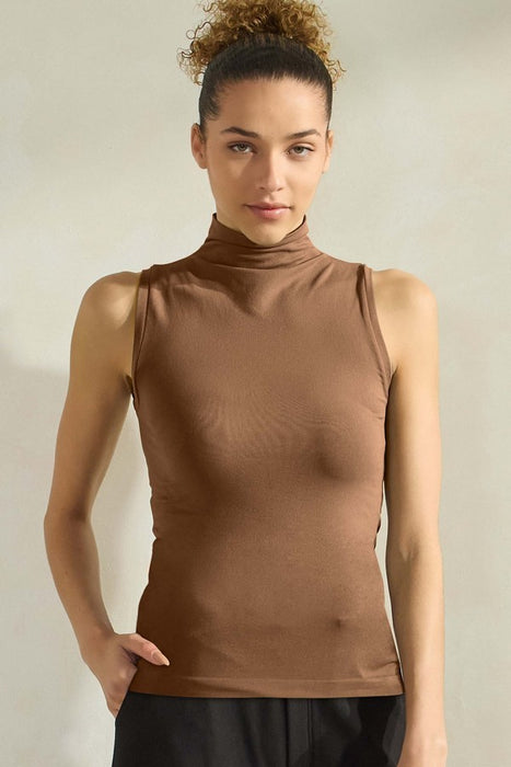 Coffee Mock Neck Seamless Sleeveless Tank - One Size 0-14
