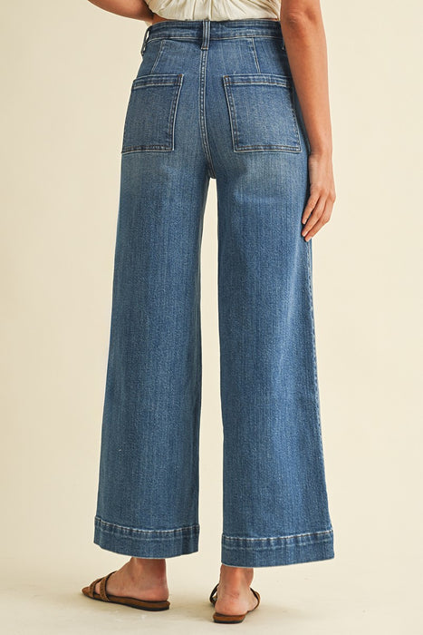 Stretch High Rise Pin Tuck Detail Wide Leg Jean - Medium Denim