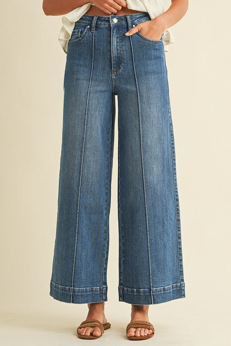 Stretch High Rise Pin Tuck Detail Wide Leg Jean - Medium Denim