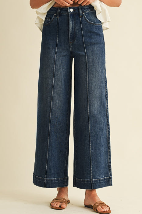 Stretch High Rise Pin Tuck Detail Wide Leg Jean - Medium Denim