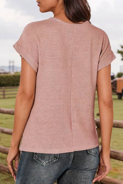 Pink Lace Patchwork Waffle Short Sleeve Top | S-XL
