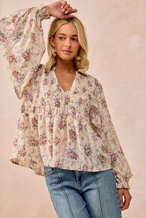Floral Printed Woven V Neck Top With Smoked Detail