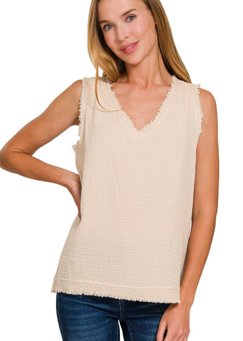 Sand Biege Double Gauze Raw Edge V-neck Tank Top
