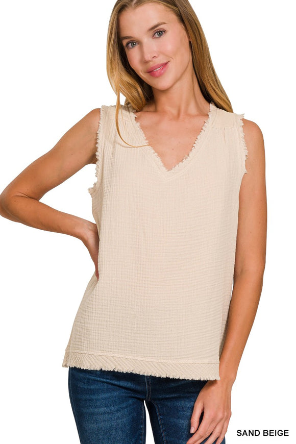 Sand Biege Double Gauze Raw Edge V-neck Tank Top