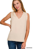 Sand Biege Double Gauze Raw Edge V-neck Tank Top