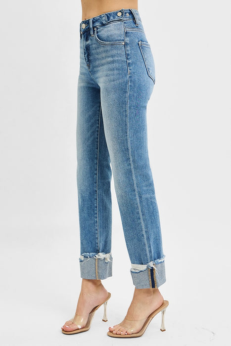 Tummy Control High Rise Crop Straight Cuffed Jeans