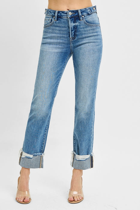 Tummy Control High Rise Crop Straight Cuffed Jeans