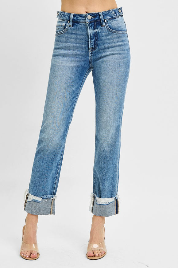 Tummy Control High Rise Crop Straight Cuffed Jeans