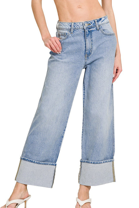 High Rise Cuffed Wide Leg Denim Pants