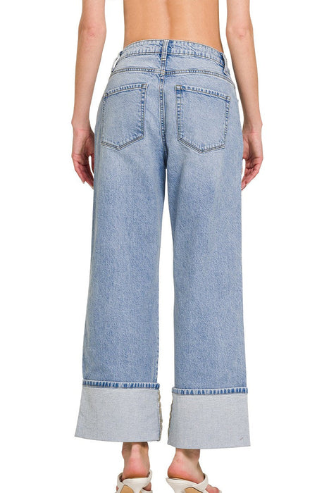 High Rise Cuffed Wide Leg Denim Pants