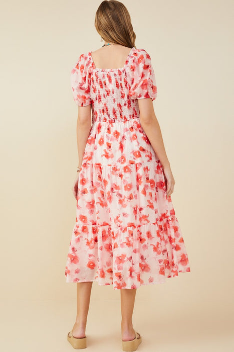 Pink Floral Gathered Waist Square Neck Dress