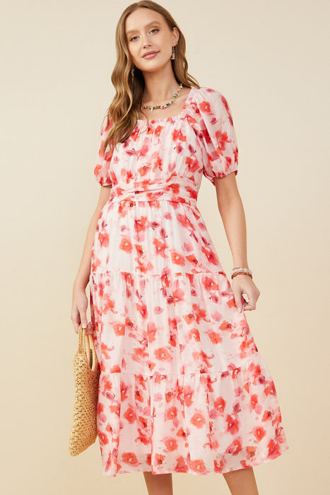 Pink Floral Gathered Waist Square Neck Dress