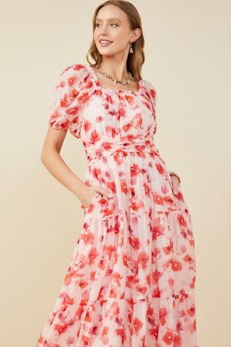 Pink Floral Gathered Waist Square Neck Dress