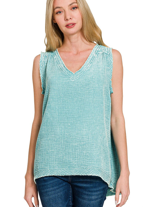 Dusty Teal Double Gauze Raw Edge V-neck Tank Top