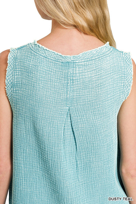 Sky Blue Double Gauze Raw Edge V-neck Tank Top