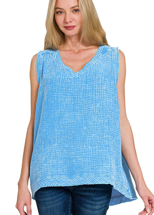 Sky Blue Double Gauze Raw Edge V-neck Tank Top
