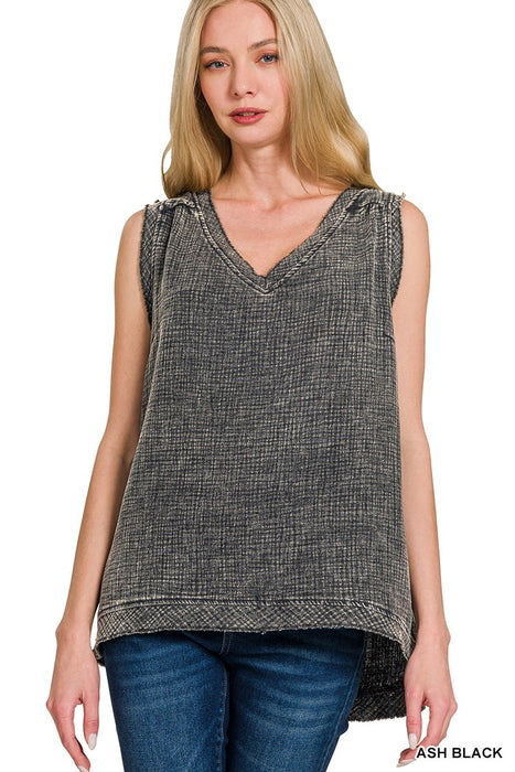 Ash Black Double Gauze Raw Edge V-neck Tank Top