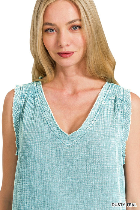 Sky Blue Double Gauze Raw Edge V-neck Tank Top