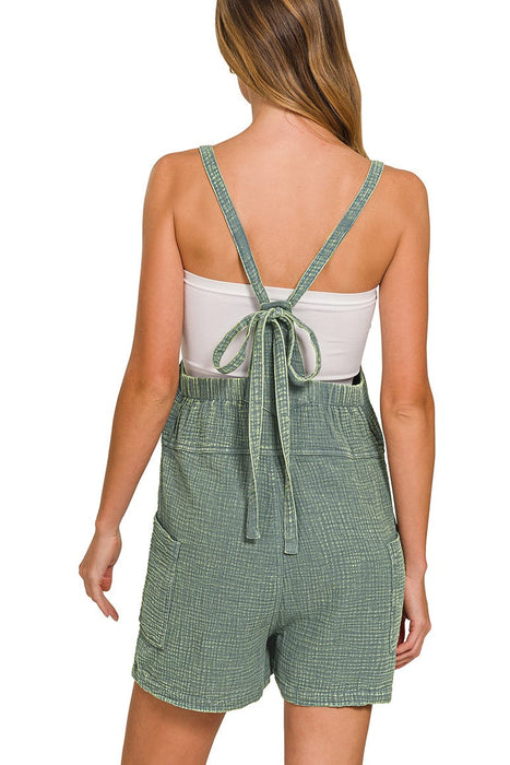 Black Washed Double Gauze Tie Back Rompers