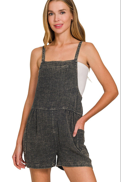 Black Washed Double Gauze Tie Back Rompers