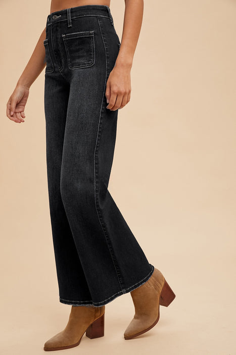 Black Denim Stretch Front Two Pocket High Rise Flare Jean