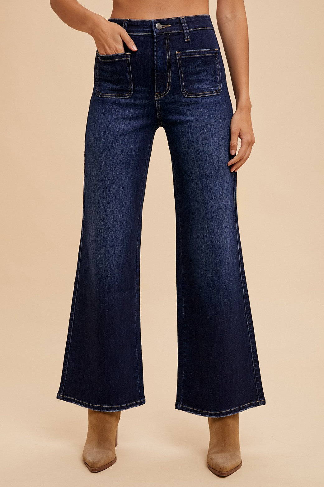 Dark Denim Stretch Front Two Pocket High Rise Flare Jean– Hattie & Elsie
