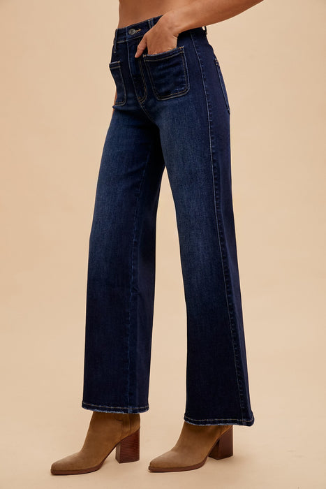 Dark Denim Stretch Front Two Pocket High Rise Flare Jean