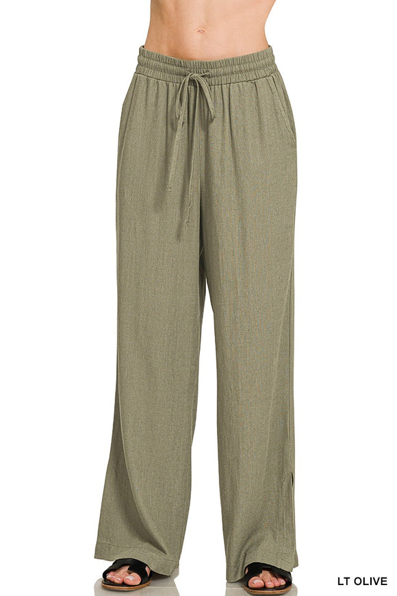Light Olive Linen Drawstring Pants