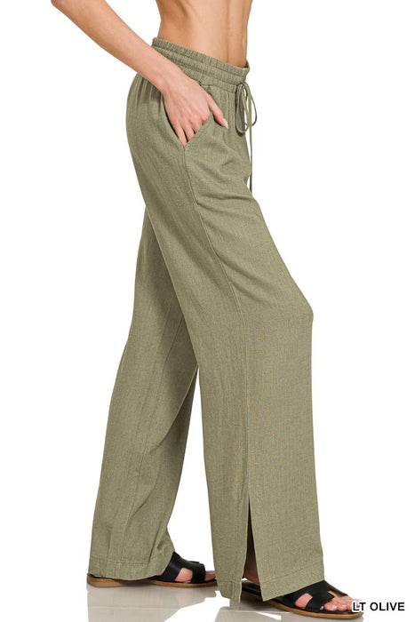 Light Olive Linen Drawstring Pants