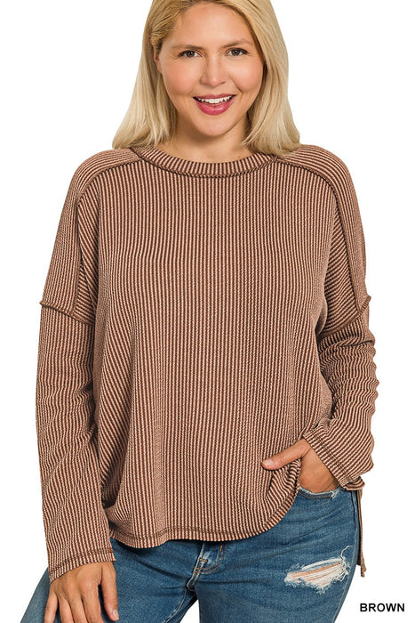 PLUS Brown Raised Rib Raw Edge Boat Neck Long Sleeve Top