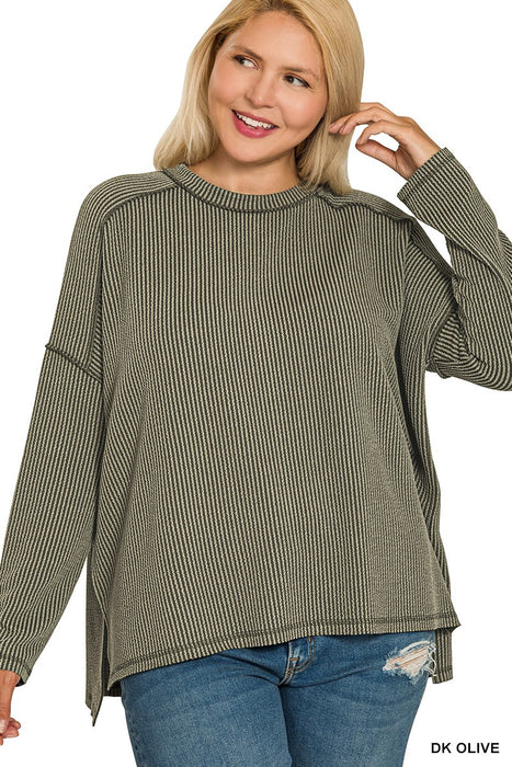 PLUS Dark Olive Raised Rib Raw Edge Boat Neck Long Sleeve Top