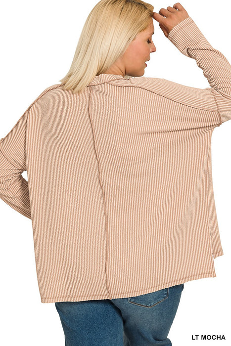 PLUS Brown Raised Rib Raw Edge Boat Neck Long Sleeve Top