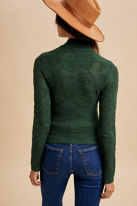 Burgundy Floral Jacquard Textured Mock Neck Sweater Top