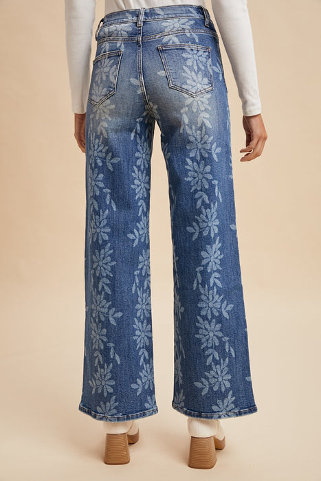 Daisy Digital Laser Print Stretch Wide Leg Jeans