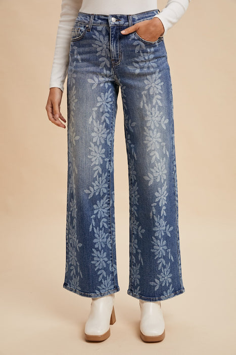 Daisy Digital Laser Print Stretch Wide Leg Jeans