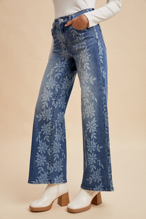 Daisy Digital Laser Print Stretch Wide Leg Jeans
