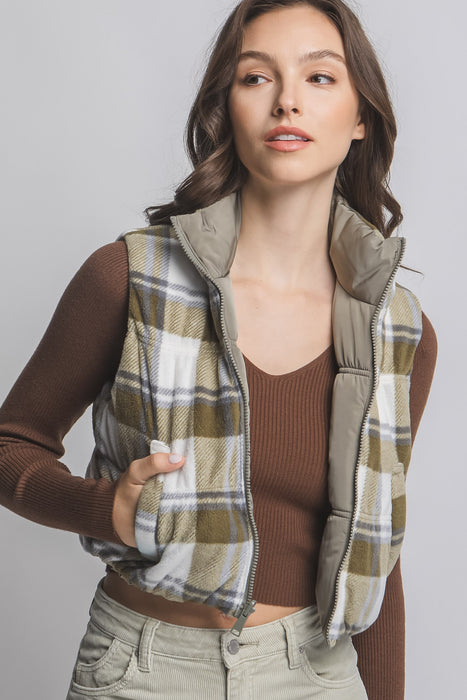 Olive Stone Full-zip Reversable Puffer Vest
