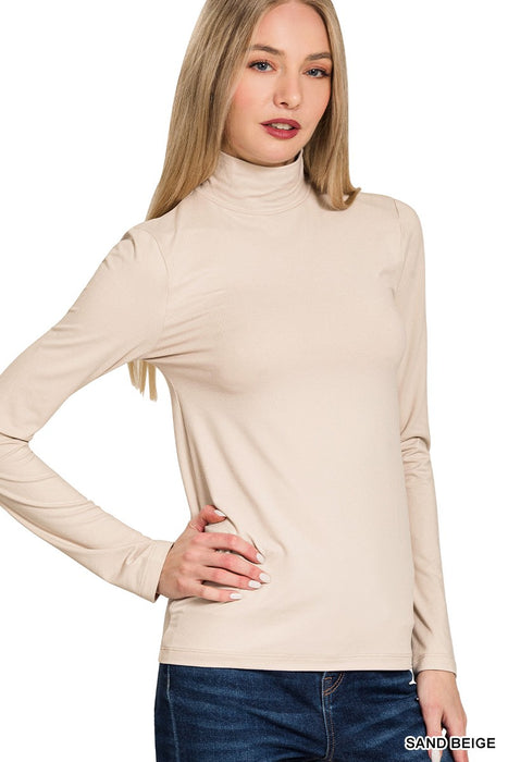 Sand Beige Premium Microfiber Mock Neck Top