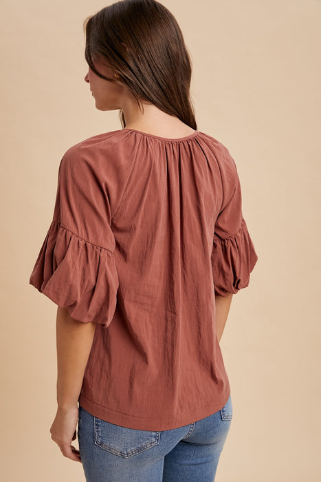 Terracotta Tie Front Balloon Sleeve Blouse