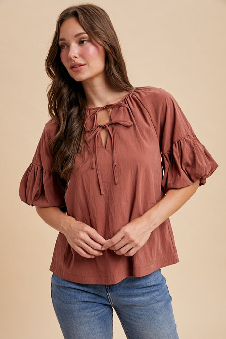 Terracotta Tie Front Balloon Sleeve Blouse