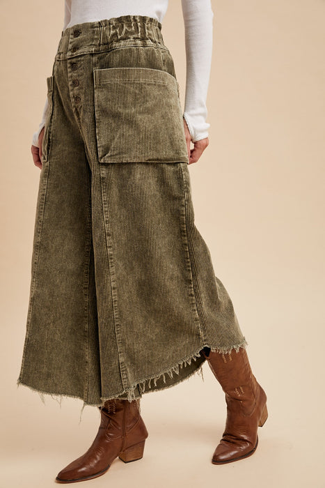 Mineral Wash Cropped Fray Hem Corduroy Wide Pants