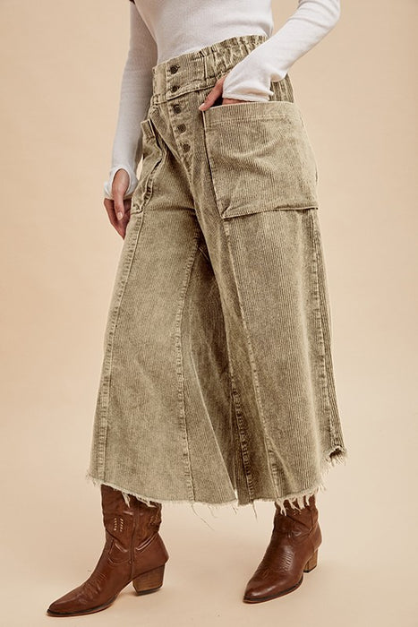 Mineral Wash Cropped Fray Hem Corduroy Wide Pants - Stone