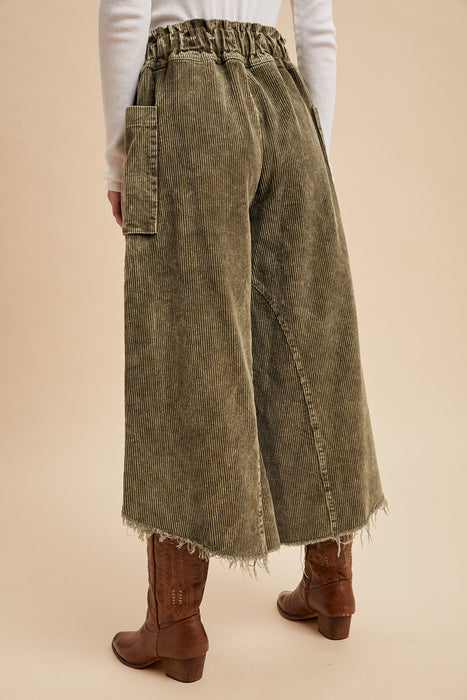 Mineral Wash Cropped Fray Hem Corduroy Wide Pants