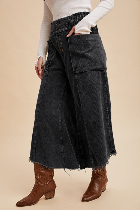 Mineral Wash Cropped Fray Hem Corduroy Wide Pants - Charcoal