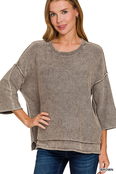 Brown Washed 3/4 Sleeve Boxy Sweater