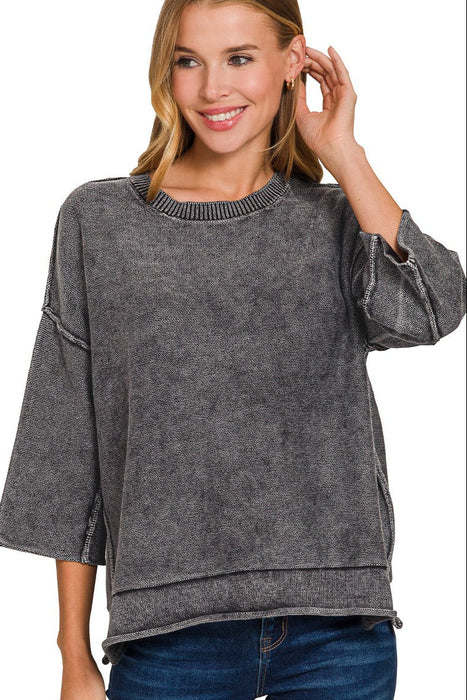 Black Washed 3/4 Sleeve Boxy Sweater